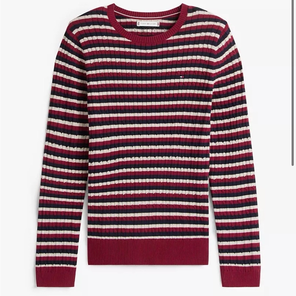 Tommy hilfinger Striped Ribbed Crewneck Sweater - Burgundy, Black & Cream